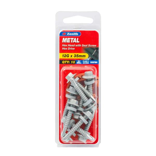 Zenith 12G x 35mm Galvanised Hex Head With Seal Metal Screws - 10 Pack