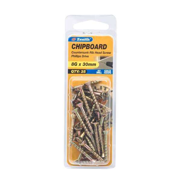 Zenith 8G x 30mm Countersunk Rib Head Chipboard Screws - 35 Pack