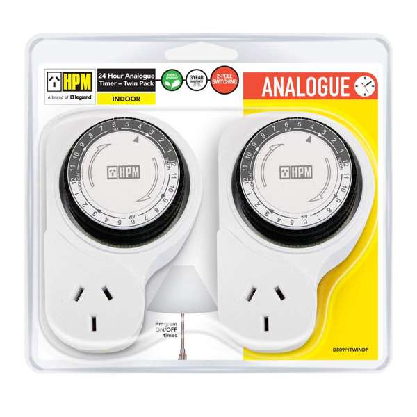 HPM 24hr Analog Timer with Offset Double Pole - 2 Pack