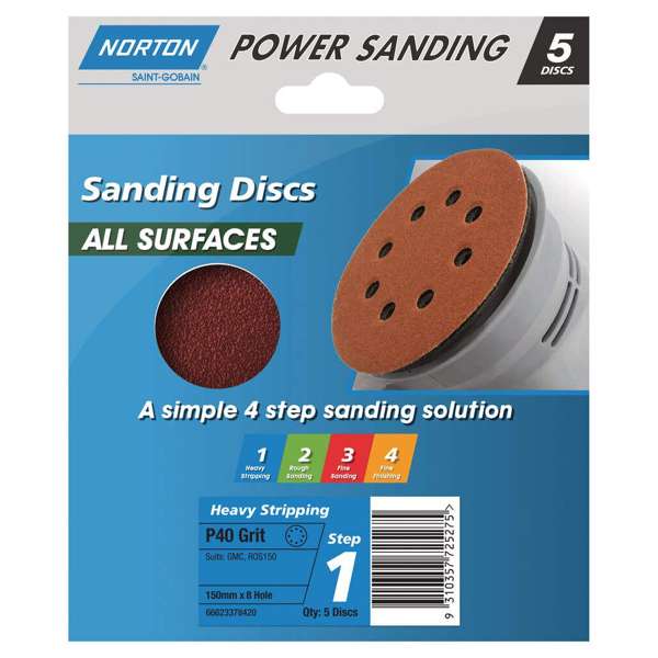 Norton Speedgrip Disc 150mm x 8h Step 1 P40 Grit - 5 Pack