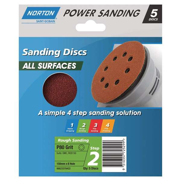 Norton Speedgrip Disc 150mm x 8H Step 2 P80 Grit - 5 Pack