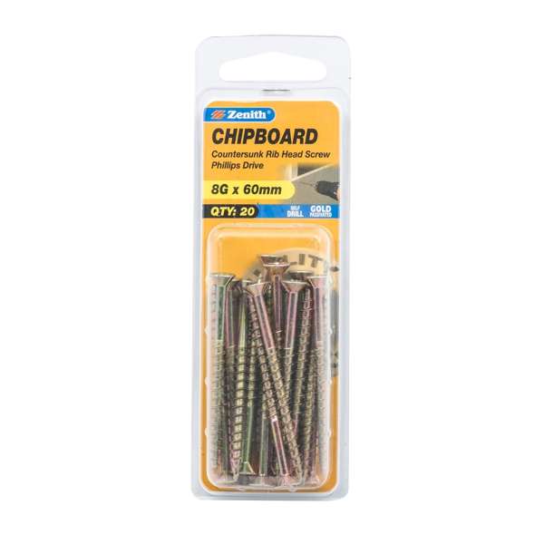 Zenith 8G x 60mm Countersunk Rib Head Chipboard Screws - 20 Pack