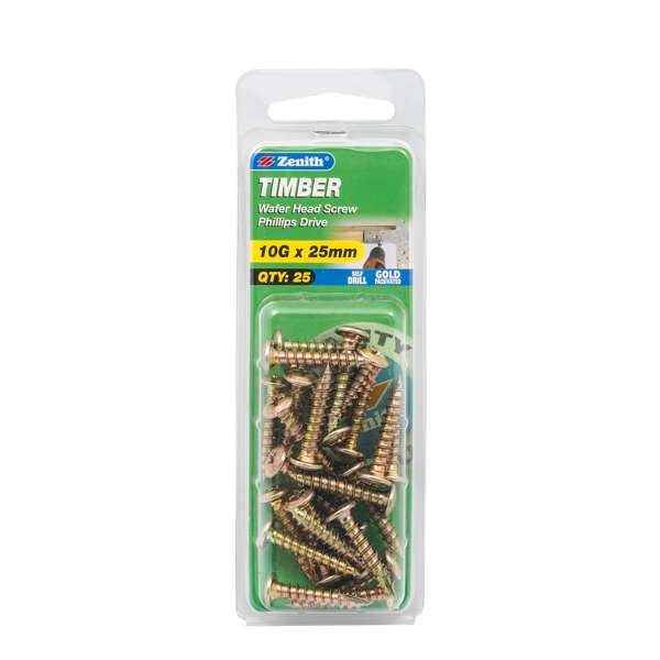 Zenith 10G x 25mm Gold Passivated Wafer Head Timber Screws - 25 Pack