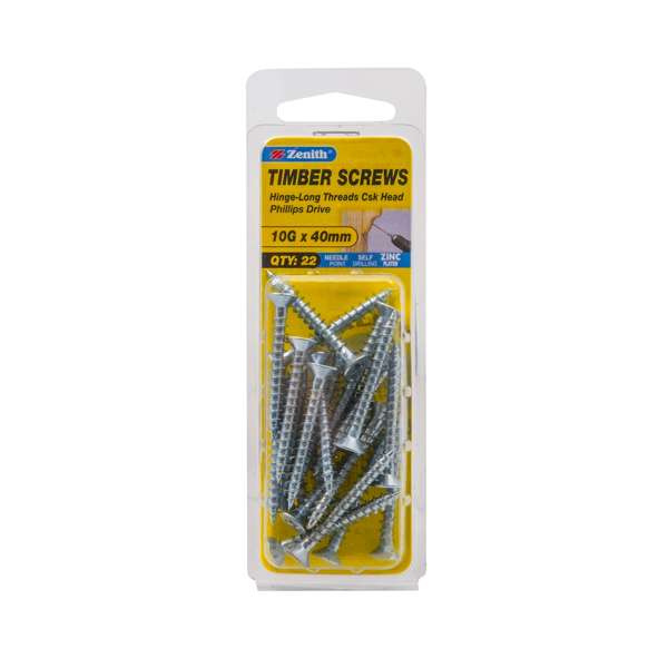 Zenith 10G x 40mm Zinc Plated Hinge-Long Threads Countersunk Head Timber Screws - 22 Pack