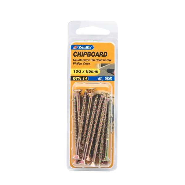 Zenith 10G x 65mm Gold Passivated Countersunk Rib Head Chipboard Screws - 14 Pack