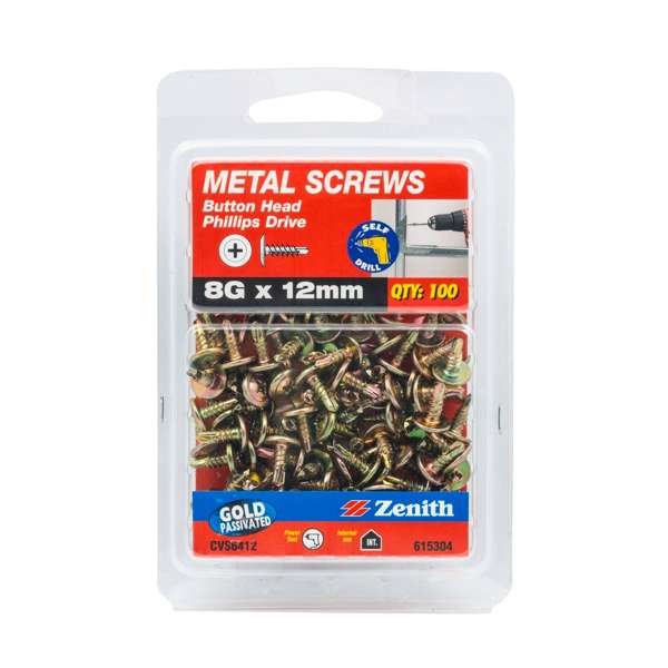 Zenith 8G x 12mm Gold Passivated Button Head Metal Screws - 100 Pack