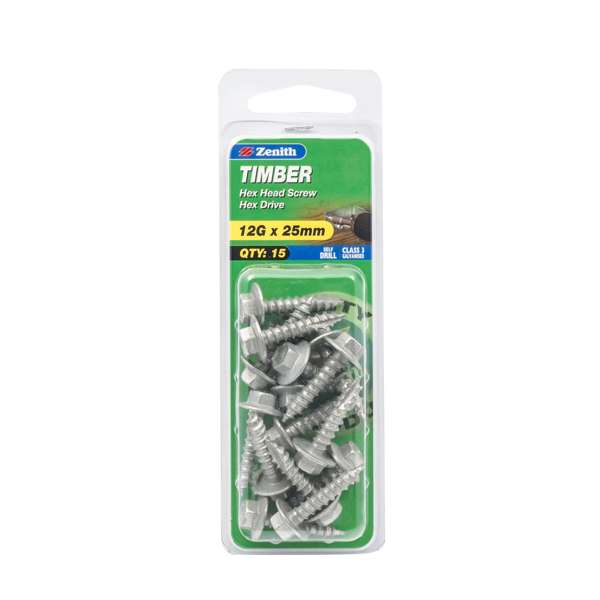 Zenith 12G x 25mm Galvanised Hex Head Timber Screws - 15 Pack