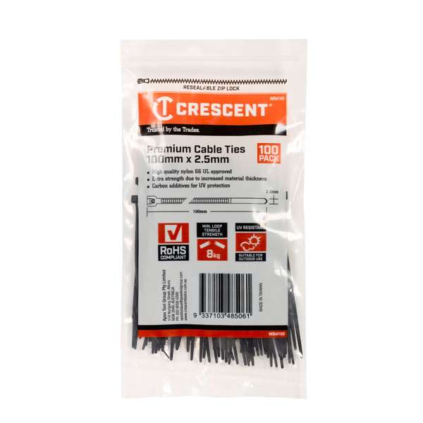 Crescent Cable Ties Black 100 x 2.5mm - 100 Pack