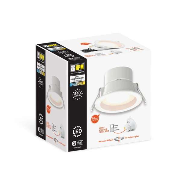 HPM Zyla 7W LED Tri-Colour Recessed Downlight White 90mm 840lm