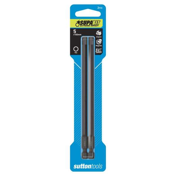 Sutton Tools Supabit Impact Screwdriver Bit Hexagon Power 5 x 150mm - 2 Pack