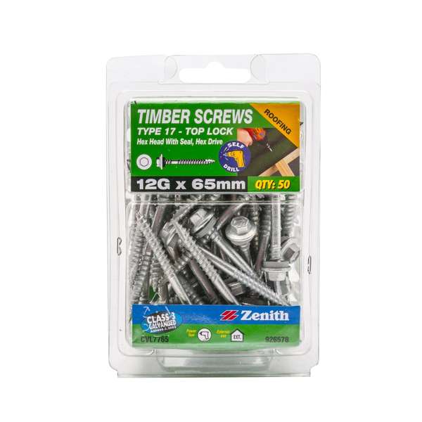 Zenith 12G x 65mm Galvanised Hex Head With Seal Timber Screws - 50 Pack