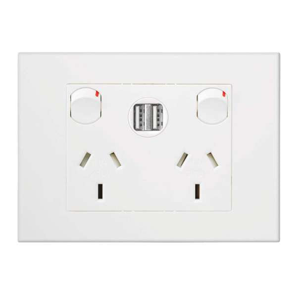 HPM VIVO 10Amp Double Powerpoint with 2 Integrated USB 2.4A Chargers White