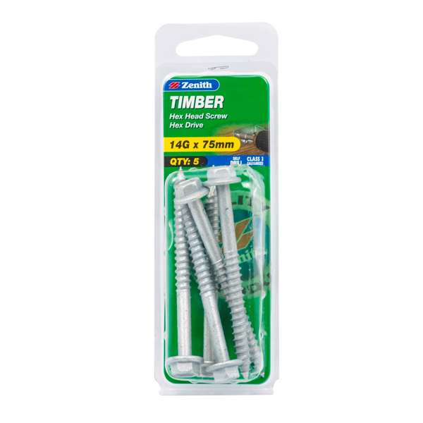 Zenith 14G x 75mm Galvanised Hex Head Timber Screws - 5 Pack