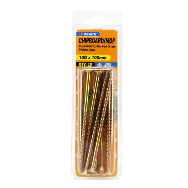 Zenith Chipboard Screw Philips Drive Gold Passivated 10G x 100mm - 10 Pack