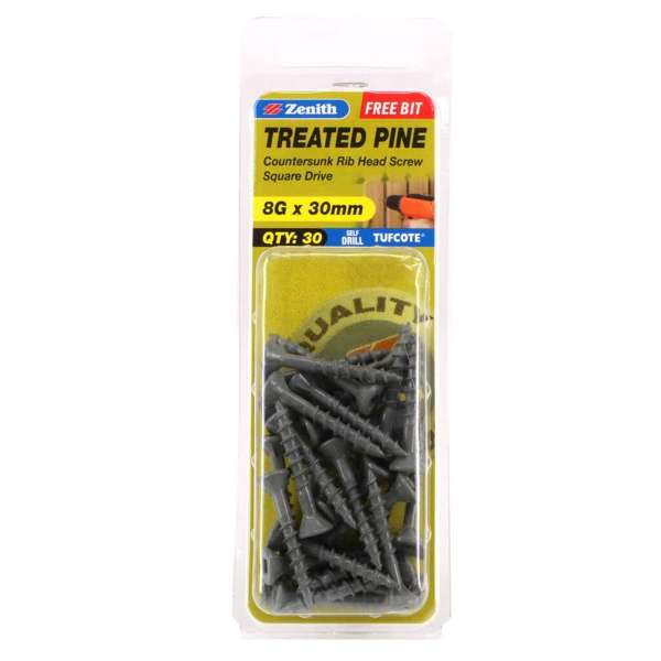 Zenith Screw Treated Pine Tufcote Square Drive 8G x 30mm - 30 Pack