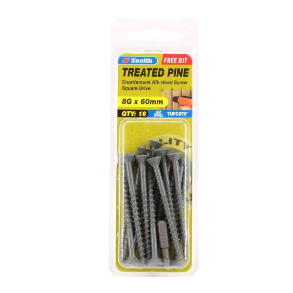 Zenith Screw Treated Pine Tufcote Square Drive 8G x 60mm - 16 Pack