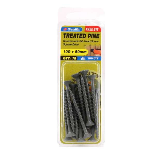 Zenith Screw Treated Pine Tufcote Square Drive 10G x 50mm - 18 Pack