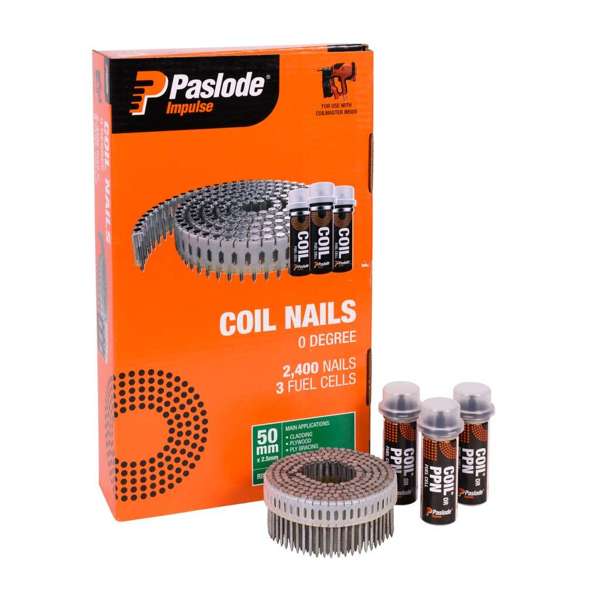 Paslode Impulse Coil Nails 50 x 2.5mm - Box of 2400 Nails + 3 Fuel Cells