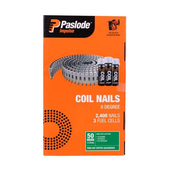 Paslode Impulse Coil Nails 50 x 2.5mm - Box of 2400 Nails + 3 Fuel Cells