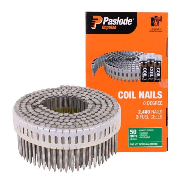 Paslode Impulse Coil Nails 50 x 2.5mm - Box of 2400 Nails + 3 Fuel Cells