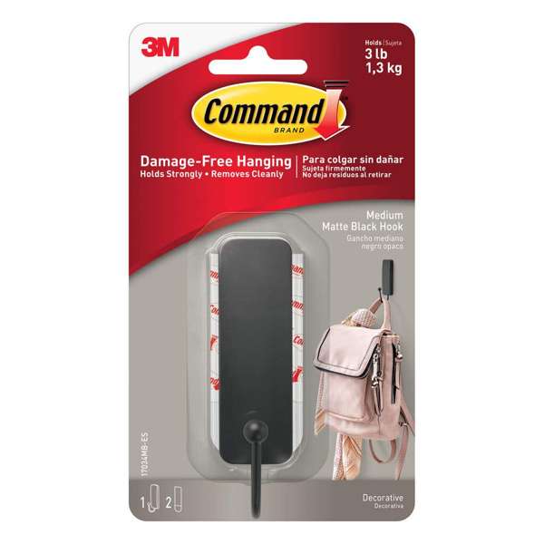 Command Adhesive Single Wall Hook Matte Black Medium