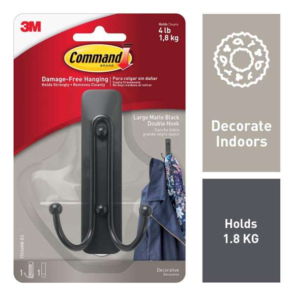 Command Adhesive Double Wall Hook Matte Black