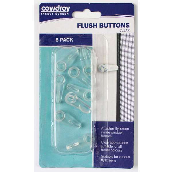 Cowdroy Flyscreen Flush Buttons Clear - 8 Pack