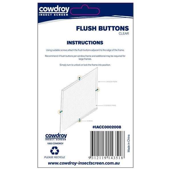 Cowdroy Flyscreen Flush Buttons Clear - 8 Pack