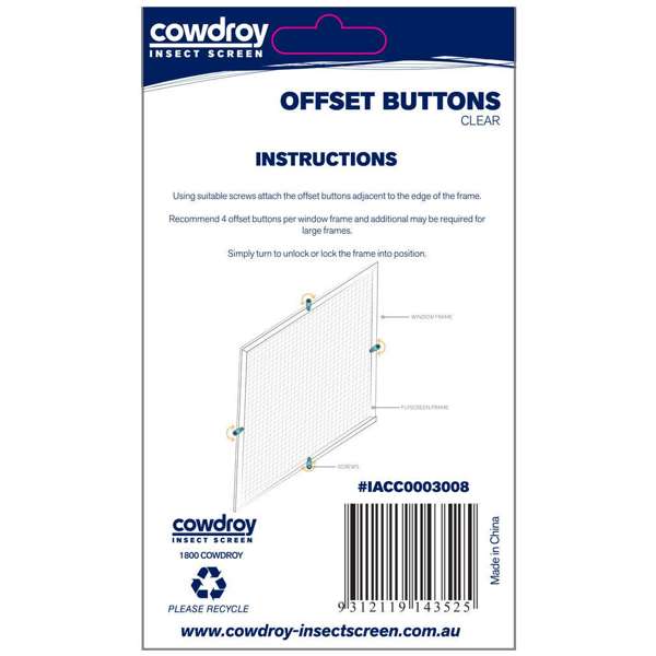 Cowdroy Flyscreen Offset Buttons Clear - 8 Pack