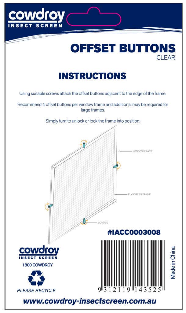 Cowdroy Flyscreen Offset Buttons Clear - 8 Pack