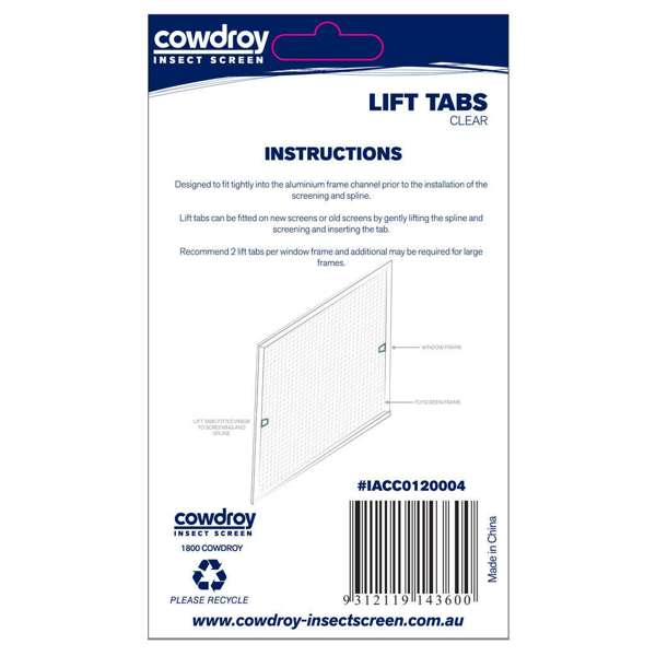 Cowdroy Flyscreen Lift Tabs Clear - 4 Pack