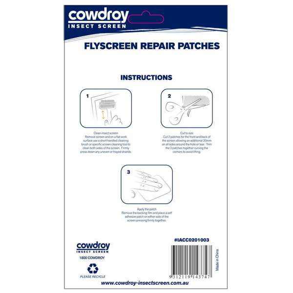 Cowdroy Flyscreen Repair Patches 100 x 80mm - 3 Pack