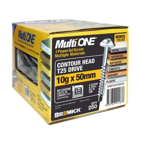 Bremick Screw MultiOne Contour Head T25 B8 Coated 10g x 50mm - 250 Pack