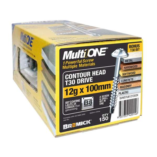 Bremick Screw MultiOne Contour Head Torx Drive 30 B8 Coated 12g x 100mm - 150 Pack