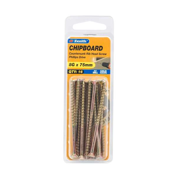 Zenith 8G x 75mm Countersunk Rib Head Chipboard Screws - 16 Pack