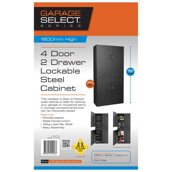 Garage Select 4 Door 2 Drawer Lockable Steel Cabinet Dark Grey