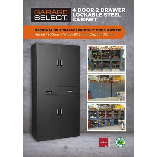 Garage Select 4 Door 2 Drawer Lockable Steel Cabinet Dark Grey