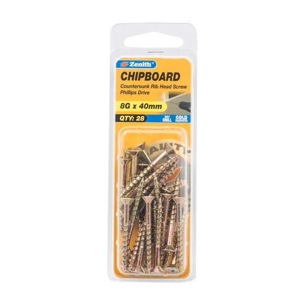 Zenith 8G x 40mm Countersunk Rib Head Chipboard Screws - 28 Pack