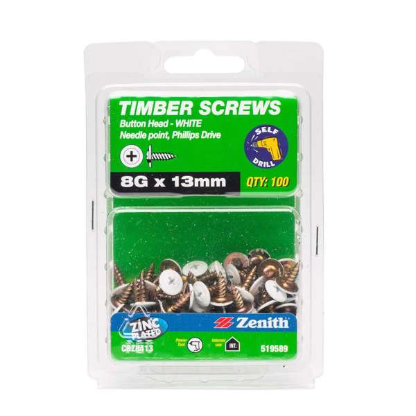 Zenith Timber Screws Button Head Needle Point 8G x 13mm - 100 Pack