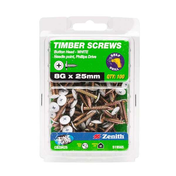 Zenith Timber Screws Button Head Needle Point White 8-15 x 25mm - 100 Pack