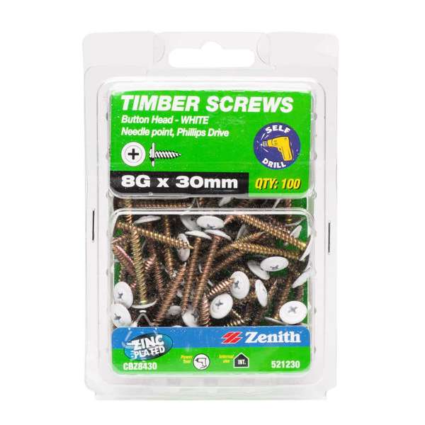 Zenith Timber Screws Button Head Needle Point White 8-15 x 30mm - 100 Pack