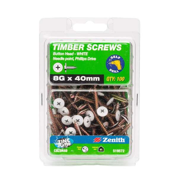 Zenith Timber Screws Button Head Needle Point White 8g x 40mm - 100 Pack