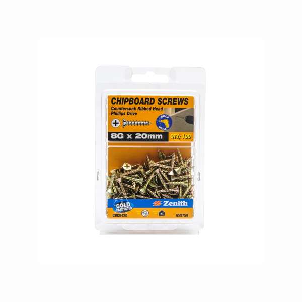 Zenith Chipboard Screw Philips Drive Gold Passivated 8G x 20mm - 100 Pack