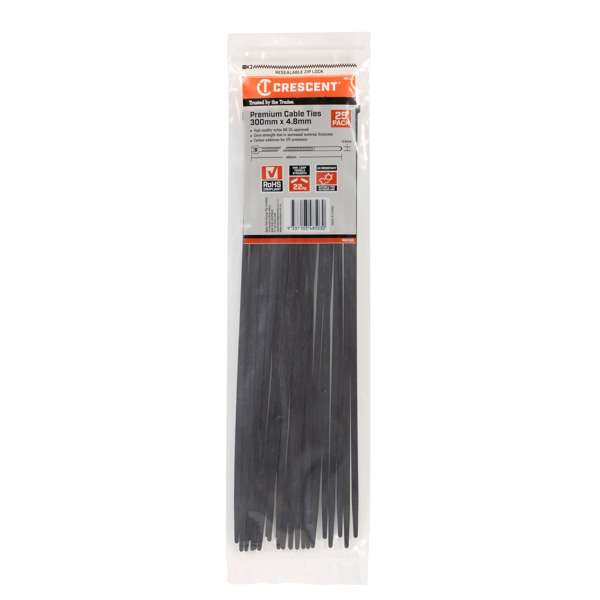 Crescent Cable Ties Black 300 x 4.8mm - 25 Pack