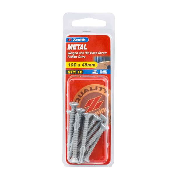 Zenith 10G x 45mm Galvanised Countersunk Ribbed Head Metal Screws - 12 Pack