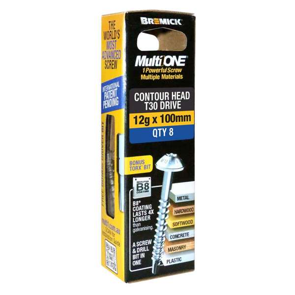 Bremick Screw MultiOne Contour Head Torx Drive 30 B8 Coated 12g x 100mm - 8 Pack