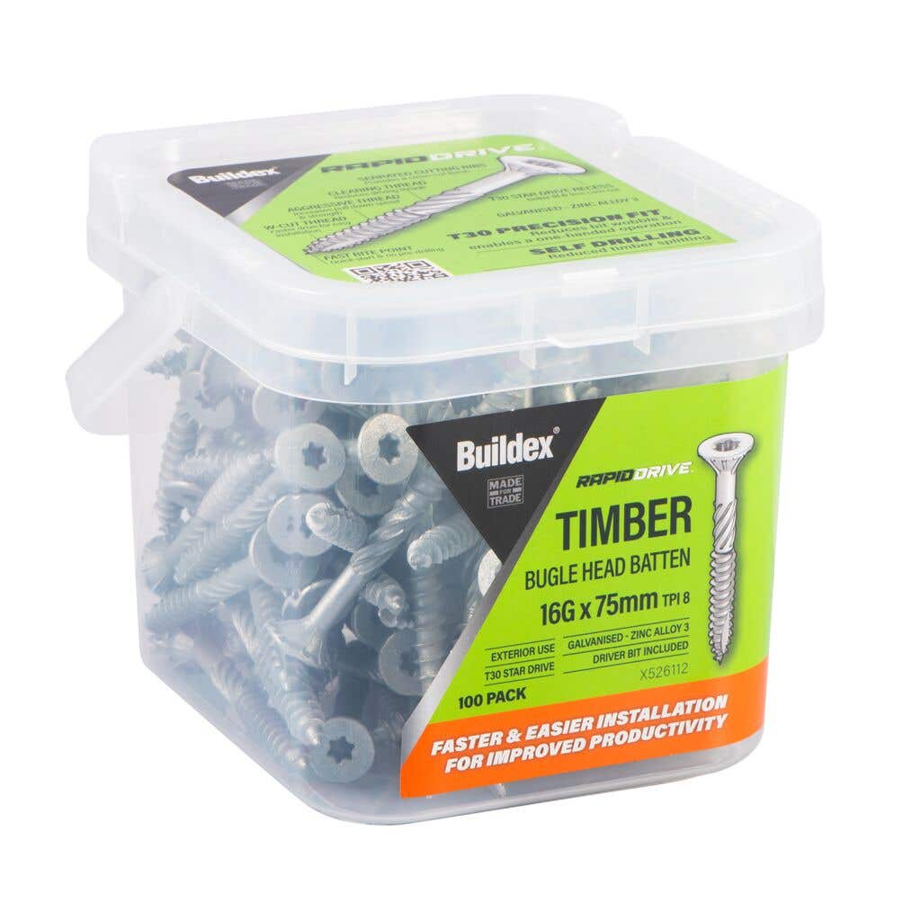 Buildex RapidDrive Zinc Alloy Bugle Head Batten Screws - 16-8G x 75mm 100pk