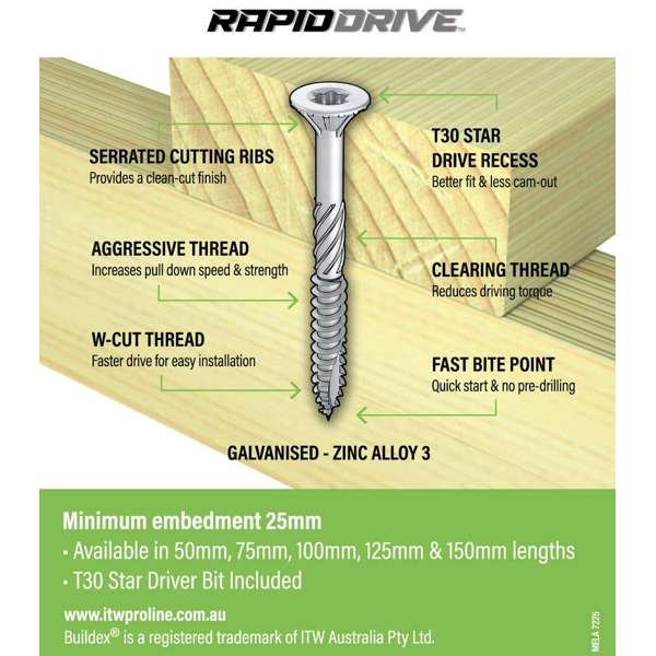 Buildex RapidDrive Zinc Alloy Bugle Head Batten Screws 16-8G x 75mm - 100pk