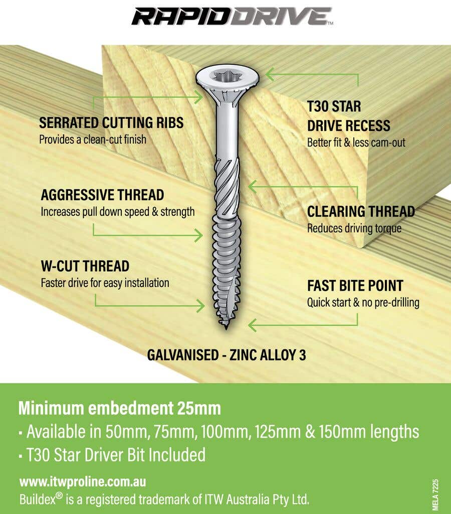 Buildex RapidDrive Zinc Alloy Bugle Head Batten Screws - 16-8G x 75mm 100pk