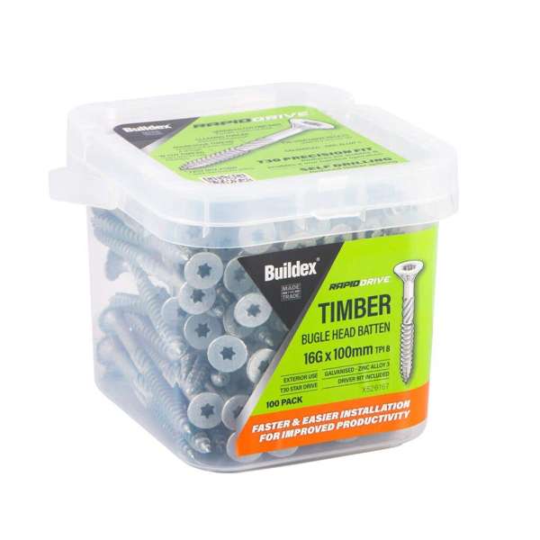 Buildex RapidDrive Zinc Alloy Bugle Head Batten Screws 16-8G x 100mm - 100pk